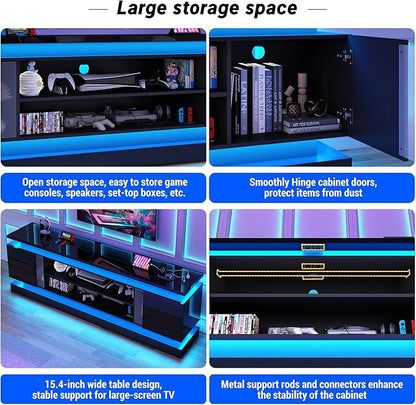 chartustriable 81IN LED TV Stands w/Power Outlet for 90/80/75 Inch TVs,High Glossy Modern Tall Entertainment Center TV Media Console Gaming with 2 Storage Cabinets,Dual LED Lights,Black