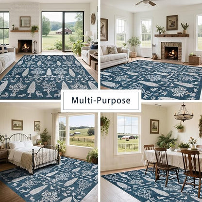 Srugn Washable Rugs 8x10 Area Rugs for Living Room,Bedroom,Dining Room- Large Ultra Soft Faux Wool Retro Carpet,Non Slip&Non-Shedding Low Pile Vintage Print Rug for Home Office Dorm Playroom-Blue
