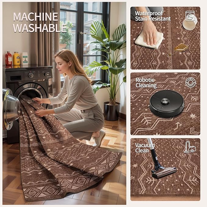 SERISSA 8x10 Area Rugs for Living Room, Washable Non-Slip Coffee Brown Boho Rug, Soft Low-Pile Geometric Indoor Large Carpet for Dining Room Bedroom Home Office Playroom