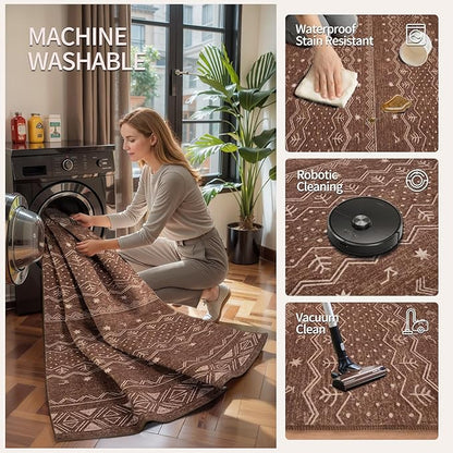 SERISSA 5x7 Area Rugs for Living Room, Washable Non-Slip Coffee Brown Boho Rug, Soft Low-Pile Geometric Indoor Large Carpet for Dining Room Bedroom Home Office Playroom