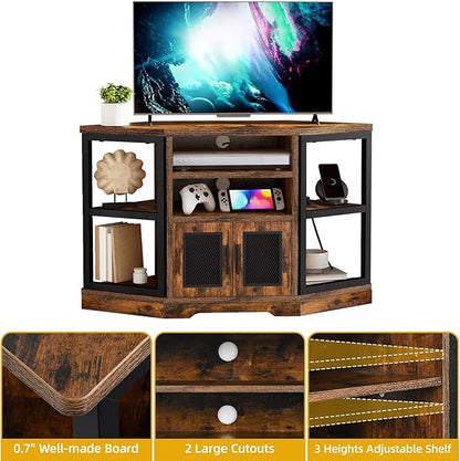 DWVO Farmhouse Corner TV Stand for Living Room, TV Stand for 50 Inch TV, Entertainment Center with Storage and Power Outlet, TV Console Cabinet, Rustic Brown
