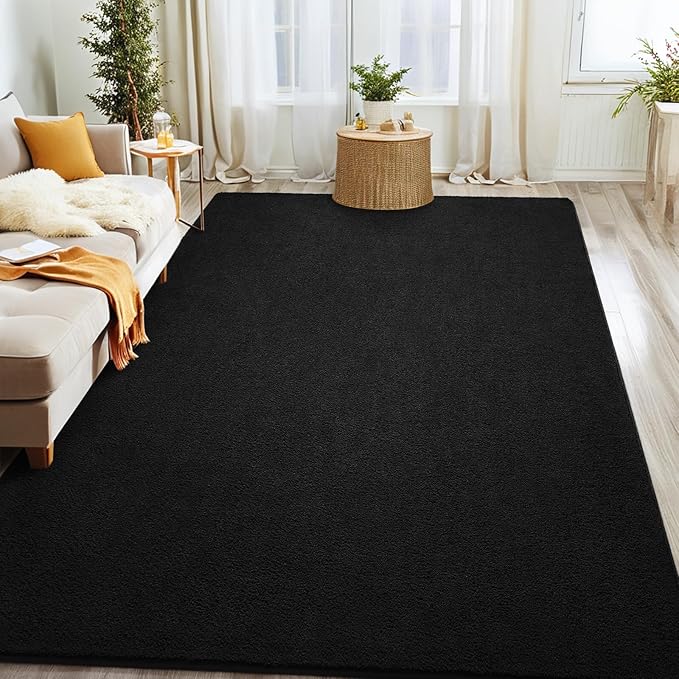 Rugs for Living Room Bedroom, 7x10 ft Black Area Rug, Washable Memory Foam Indoor Carpet, Modern Aesthetic Minimalist Non-Slip Carpets for Boys Girls Adults Home Decor