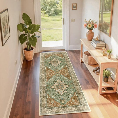 RELEANY Area Rugs 2'x6' Runner Rug Non Slip Washable for Kitchen Hallway Bedroom Beside Laundry Room Bathroom Rug, Floor Carpet, Brick Red Rust Neutral Brown Burnt Orange Green