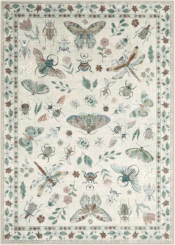 Lahome Insect Print Washable Area Rugs 5x7, Soft Rugs for Living Room Ultra-Thin Non-Shedding Modern Bedroom Rug, Throw Rug Large Carpet for Dining Room Nursery Vionnet(5'x7',Beige)
