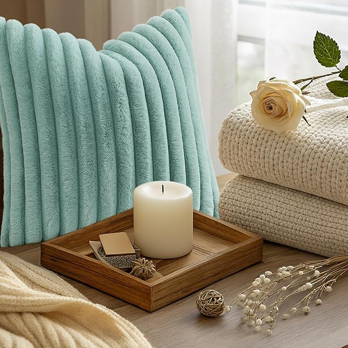 decorUhome Summer Cozy Faux Fur Throw Pillow Covers 16x16 Set of 2 Decorative Soft Plush Striped Modern Farmhouse Boho Couch Pillow Cases with Velvet Back for Sofa Bed Living Room, Aqua