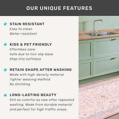 Hazo Haus Pink and Blue Washable 5x8 Living Room Rugs, Boho Aethestic Oushak Vintage Area Rug for Bedroom Girls Kids Playroom Nursery Room, Non-Slip Rubber Backing Stain Resistant