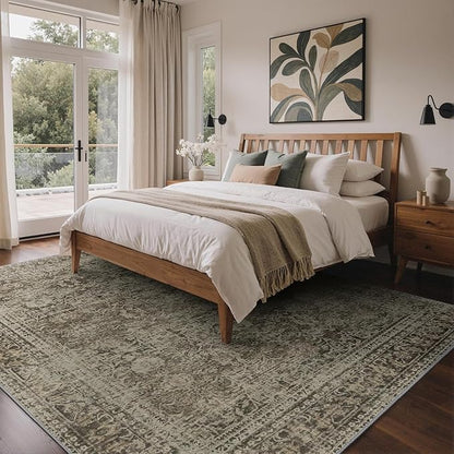 6x9 Area Rug Machine Washable Boho Rug for Living Room,Ultra-Thin Low Pile Carpet,Lightweight Indoor Printed Rug,Non Slip Floral Area Rug for Bedroom, Dining Room, Home Office,Vintage Sage Green