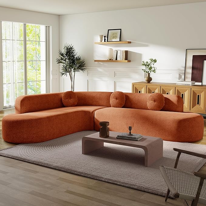 Deep Seat Curved Sectional Sofa - Cloud Round Couch with Elegant Curved Design & 3 Round Cushions, L-Shaped Comfy 4 Seater Floor Sofa, No Assembly Required (Orange)