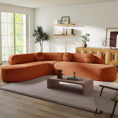 Deep Seat Curved Sectional Sofa - Cloud Round Couch with Elegant Curved Design & 3 Round Cushions, L-Shaped Comfy 4 Seater Floor Sofa, No Assembly Required (Orange)