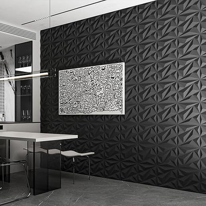 Art3dwallpanels 33 Pack 3D Wall Panel Diamond for Interior Wall Décor, PVC Flower Textured Wall Panels for Living Room Lobby Bedroom Hotel Office, Black, 12''x12'' Cover 32.Sq.Ft.