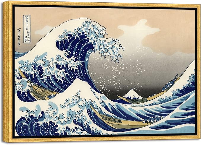 Wieco Art Framed Art Great Wave of Kanagawa Katsushika Hokusai Giclee Canvas Prints Wall Art Abstract Seascape Paintings for Home Living Room Decorations Bronze Gold Frame