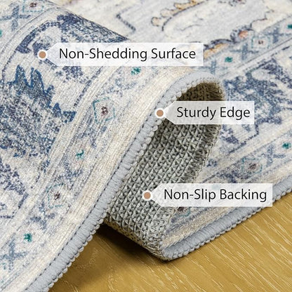 BESTSWEETIE 4x6 Area Rug Washable Rugs for Living Room, No Pile Boho Carpet for Entryway Bedroom Dinning Room, Vintage Carpet Print Distressed Non-Slip, 4 x 6 ft, Beige Blue