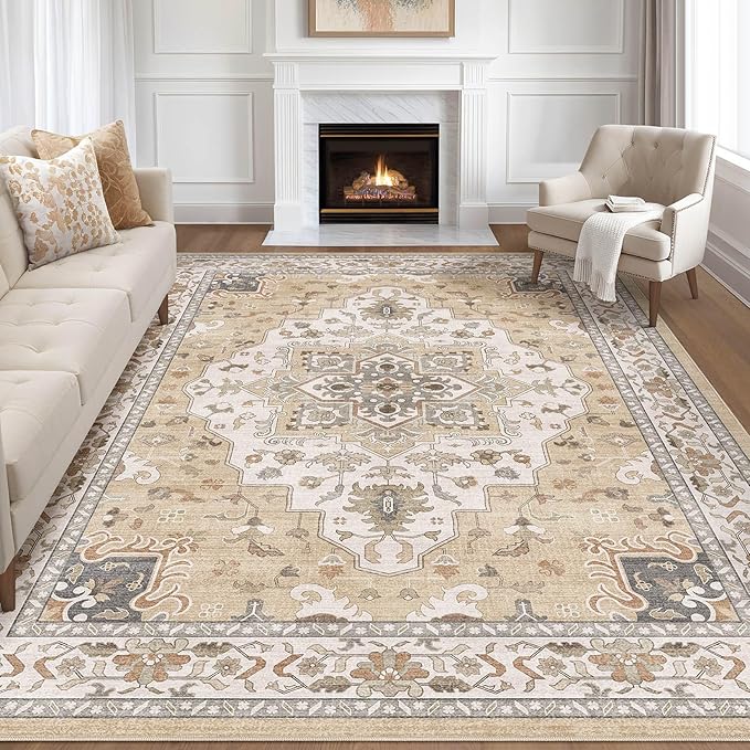 7x9 Area Rug Living Room: Washable Boho Large Neutral Vintage Soft Rug Stain Resistant Farmhouse Non-Slip Indoor Floor Retro Carpet for Bedroom Nursery Kids Office Dining Room- Sand Gray