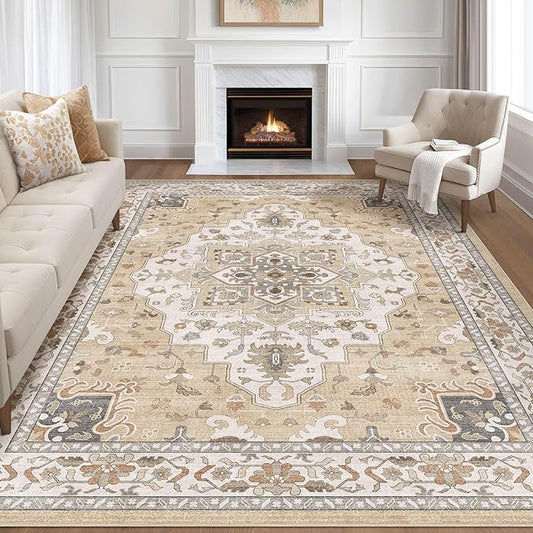 8x10 Area Rugs Living Room: Washable Boho Large Neutral Vintage Soft Rug Stain Resistant Farmhouse Non-Slip Indoor Floor Retro Carpet for Bedroom Nursery Kids Office Dining Room- Sand Gray