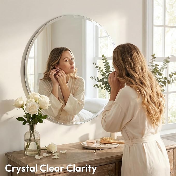 24 Inch Round Frameless Bathroom Mirror with Solid Backing, Beveled Edge Circle Vanity Mirror for Over Sink, Small Wall Mirror for Entryway Bedroom Decor