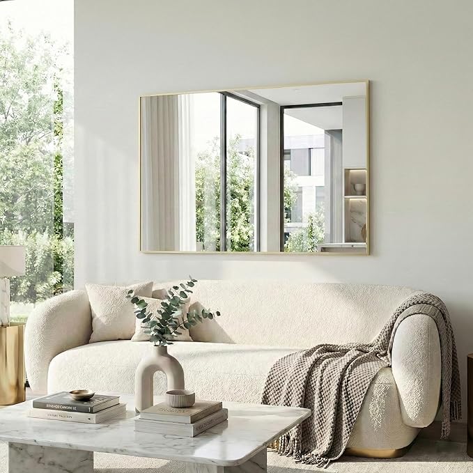 30" x 40" Gold Wall Mirror, 40" x 30" Metal Framed Accent Decor, Transitional Rectangular Mirror for Mantle & Bathroom Vanity