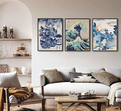 3Pcs Japanese Wall Art Great Wave Hokusai Canvas Pictures Kanagawa Paintings Blue Asian Landscape Posters Prints for Room Office Bathroom Home Wall Decor Gifts for Japan Lovers Unframed