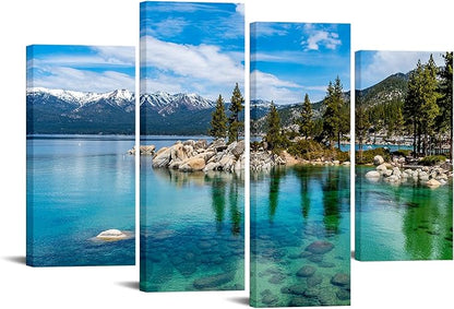 KREATIVE ARTS 4-Piece Lake Tahoe Canvas Wall Art Set - 48x33 Clear Turquoise Water & Green Mountain Forest Scenery, 3-Panel Landscape Prints for Home, Living, Dining Room Deco