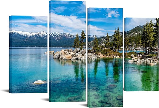 KREATIVE ARTS 4-Piece Lake Tahoe Canvas Wall Art Set - 48x33 Clear Turquoise Water & Green Mountain Forest Scenery, 3-Panel Landscape Prints for Home, Living, Dining Room Deco