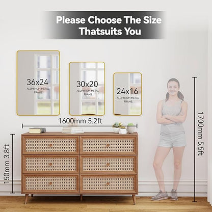 SCWF-GZ 24x36 Vanity Mirror Full Length Wall Mounted Aluminum Alloy Metal Frame Dressing Round Rectangle Mirrors for Entryway Bedroom Bathroom Living Room Horizontally or Vertically 36x24 inch Gold