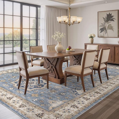 EIEIHOUSE Washable Area Rugs for Living Room - 7x9 Neutral Vintage Distressed Floral Farmhouse Boho Large Soft Floor Rug Indoor Non Slip Carpet for Living Room Bedroom Dining Room Office - Blue