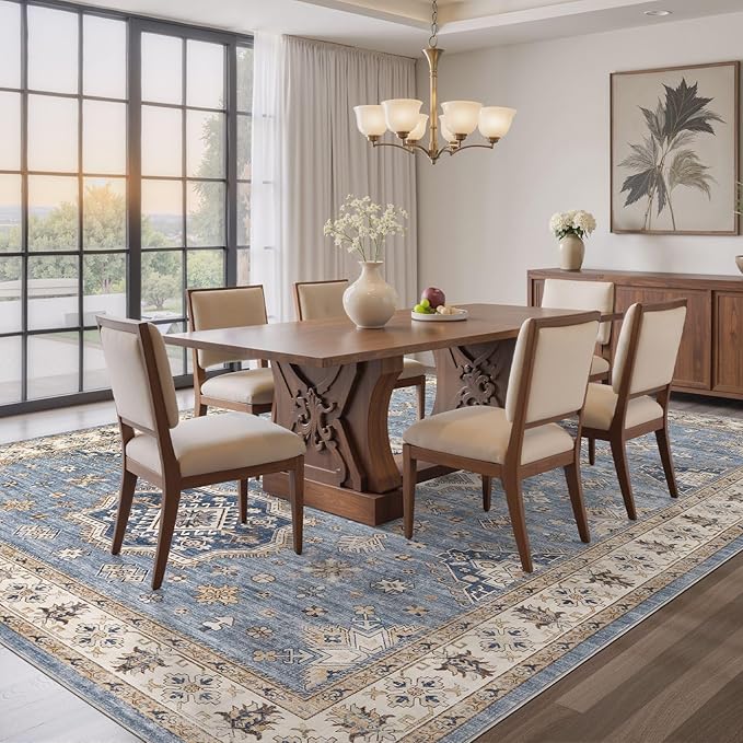 EIEIHOUSE Washable Area Rugs for Living Room - 6x9 Neutral Vintage Distressed Floral Farmhouse Boho Large Soft Floor Rug Indoor Non Slip Carpet for Living Room Bedroom Dining Room Office - Blue