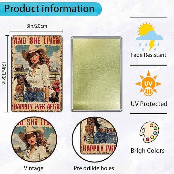 Cowgirl Vintage Tin Sign And She Lived Happily Ever After Funny Horse and Chicken Iron Painting Poster Wall Decor for Home Bar Club Coffee Shop 12x8 Inch