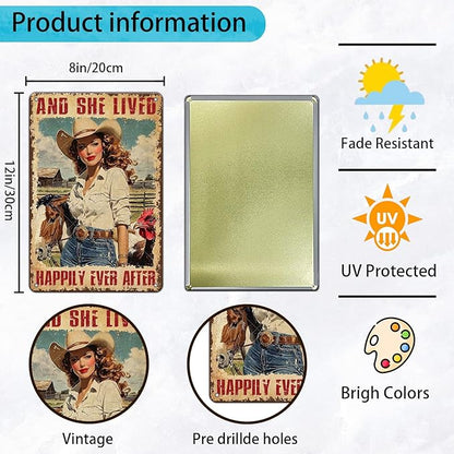 Cowgirl Vintage Tin Sign And She Lived Happily Ever After Funny Horse and Chicken Iron Painting Poster Wall Decor for Home Bar Club Coffee Shop 12x8 Inch