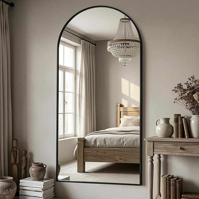 Antok Full Length Floor Mirror Arched Standing Mirror with Aluminum Frame - Freestanding Wall Mount Leaning Body Mirror for Bedroom Living Room Entryway, 76" L x 34" W, Black