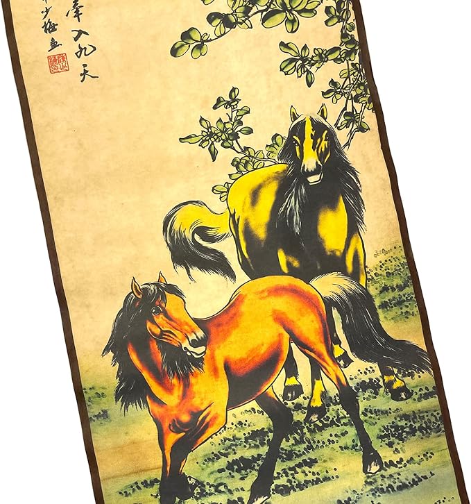 4 Panels Watercolor Horse Scroll Painting for Living Room Farmhouse Large Wall Hanging Decor, 8 Horses Animal,56.8x49 Inches