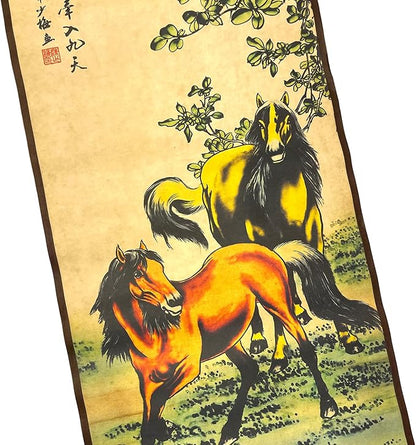 4 Panels Watercolor Horse Scroll Painting for Living Room Farmhouse Large Wall Hanging Decor, 8 Horses Animal,56.8x49 Inches