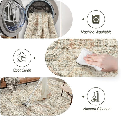 Soalmost 9x12 Area Rugs for Living Room, Non Slip Machine Washable Vintage Rugs, Low Pile Lightweight Large Rug for Bedroom, Dining Room, Home Office Brown Pink