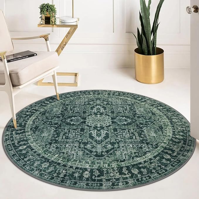 KOZYFLY Boho Round Rug 5 Ft Rugs for Entryway Washable Circle Rug Non Slip Doormat Printed Faux Wool Vintage Round Entryway Rug Floor Carpet Round for Entrance, Bedroom, Dark Green