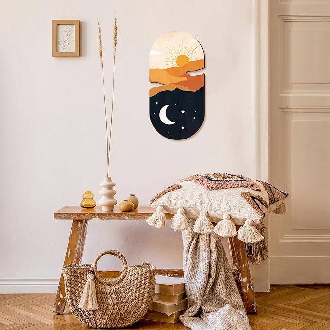 Kas Home Boho Sun and Moon Wall Art Wooden Sunrise Moon Landscapes Nature Wilderness Wall Decor Minimalist Sculpture Hanging Rustic Art Decor For Bedroom Living Room Office(Yellow, 8" x 16")