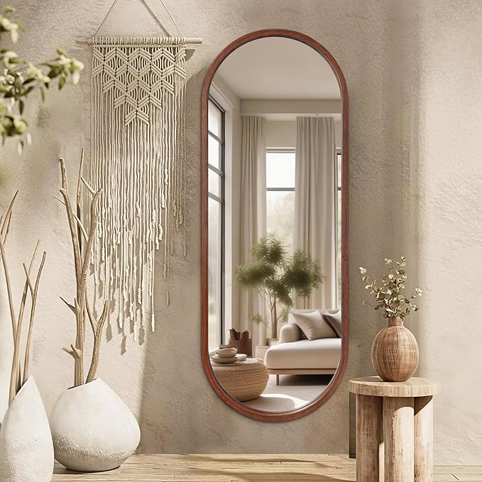 Niccy 66"×24" Wood Full Length Mirror, HD Long Walnut Oval Wall-Mounted Mirrors, Large Body Hanging Mirrors for Living Room, Explosion-Proof Wooden Frame Mirrors for Entryway, Bedroom, Walnut