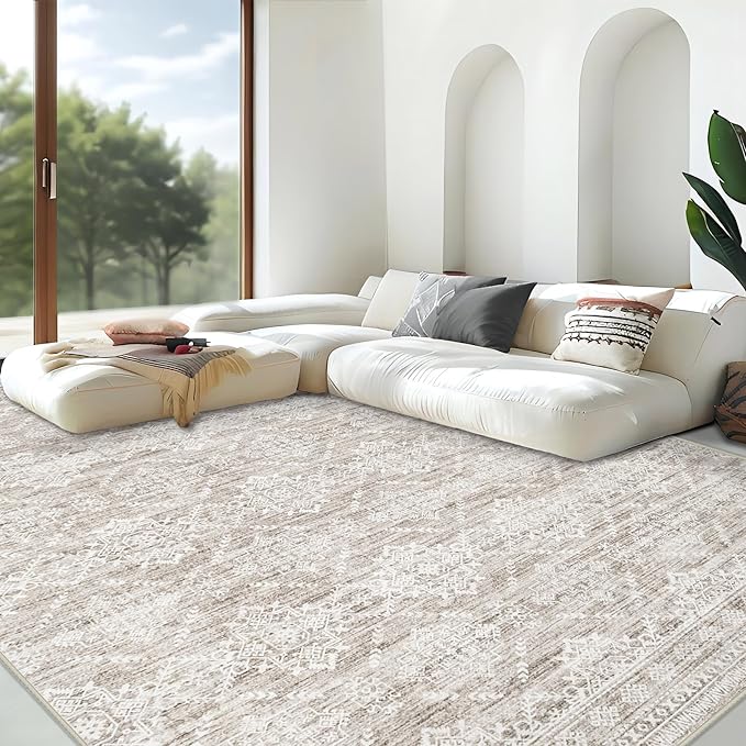 Area Rug Living Room Rugs 5x7 - Large Soft Boho Geometric Rugs, Non-Slip Foldable Washable Area Rug Non Shedding Morden Indoor Floor Carpet for Living Bedroom Office Dining Room(Ivory Mocha,5'x7')