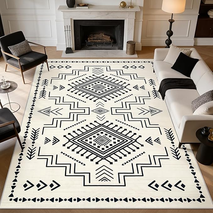 Joydeco 6x9 Moroccan Living Room Rugs, Modern Washable Area Rug for Bedroom, Western Low Pile Non Shedding Distressed Aztec Dining Room, Aztec Soft Non Slip Carpet for Office Home Decor, Ivory