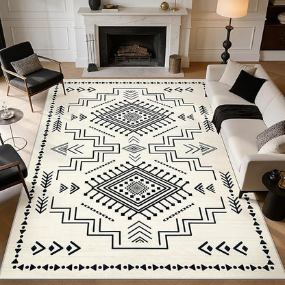 Joydeco 6x9 Moroccan Living Room Rugs, Modern Washable Area Rug for Bedroom, Western Low Pile Non Shedding Distressed Aztec Dining Room, Aztec Soft Non Slip Carpet for Office Home Decor, Ivory