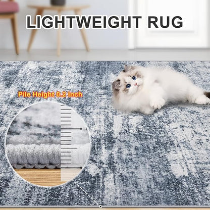 8x10 Area Rugs for Living Room - Washable Rug Modern Abstract Soft Large Neutral Non-Slip Carpet Indoor Floor Thin Carpets for Bedroom Dining Room Farmhouse Nursery Home Office Grey Blue