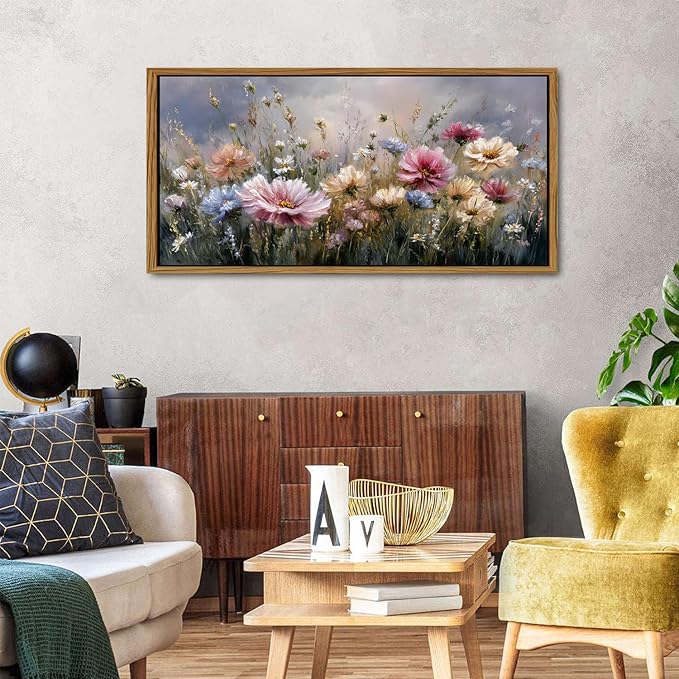Vintage Flower Framed Canvas Wall Art Countryside Pink Wildflower Wall Decor Colorful Nature Flowers Pictures Prints Painting Farmhouse Daisy Poster Artwork for Living Room Bedroom Decoration 24x48