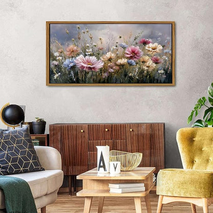 Vintage Flower Framed Canvas Wall Art Countryside Pink Wildflower Wall Decor Colorful Nature Flowers Pictures Prints Painting Farmhouse Daisy Poster Artwork for Living Room Bedroom Decoration 24x48
