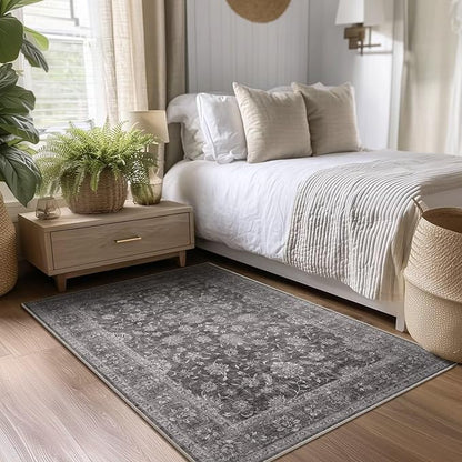 Washable 4x6 Rugs for Living Room, Boho Non-Slip Vintage Distress Small Rugs for Bedroom Nursery Office, 0.3" Neutral Oriental Throw Thin Carpet with Cushioning Pad, Grey/Multi, E3