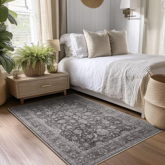 Washable 4x6 Rugs for Living Room, Boho Non-Slip Vintage Distress Small Rugs for Bedroom Nursery Office, 0.3" Neutral Oriental Throw Thin Carpet with Cushioning Pad, Grey/Multi, E3