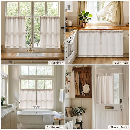 Linen Textured Bathroom Window Curtains 36 Inch Length Short Kitchen Curtain Semi Sheer Farmhouse Boho Curtains 2 Panels Tan Beige Light Coffee for Cafe Bedroom Rod Pocket Drapes W30xL36
