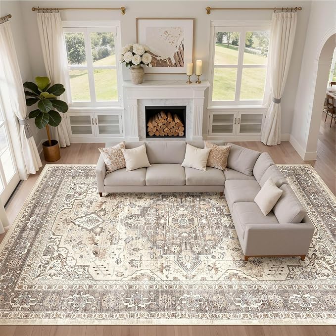 12x15 Area Rug Living Room: Washable Boho Large Neutral Vintage Soft Rugs Stain Resistant Farmhouse Non Slip Indoor Floor Carpet for Bedroom Nursery Kids Playroom Office Dining Room Home Decor- Brown