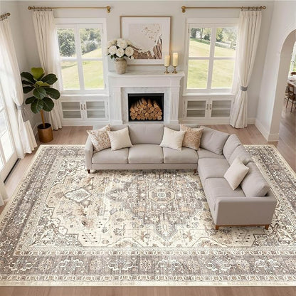 10x14Ft Area Rugs Living Room: Washable Boho Large Neutral Vintage Soft Rug Stain Resistant Farmhouse Non Slip Indoor Floor Carpet for Bedroom Nursery Kids Playroom Office Dining Room- Beige Brown