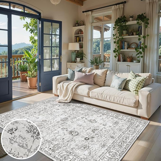 Grey White Area Rugs 5x8 for Living Room Bedroom, Non-Slip Washable Rugs Stain Resistant Boho Rug Low Pile Rug for ‎Dining Room Office (5 x 8, Grey White)