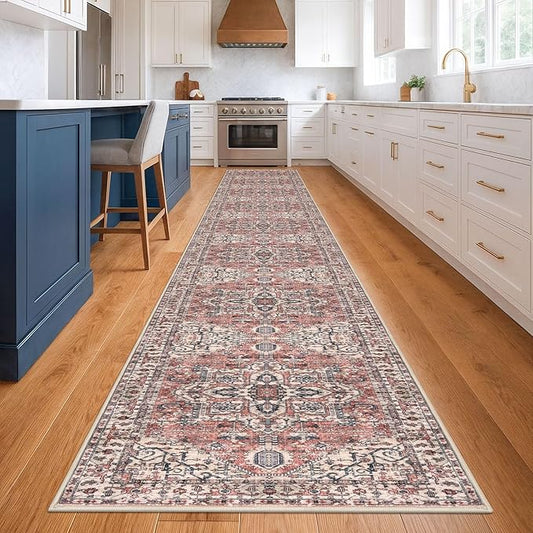 KOZYFLY Runners for Hallways 3x20 Ft Extra Long Faux Wool Washable Thin Hallway Rug Printed Runner Carpet for Entryway Bedroom Stair Kitchen Hall Living Room, Red Salmon/Pink/Navy