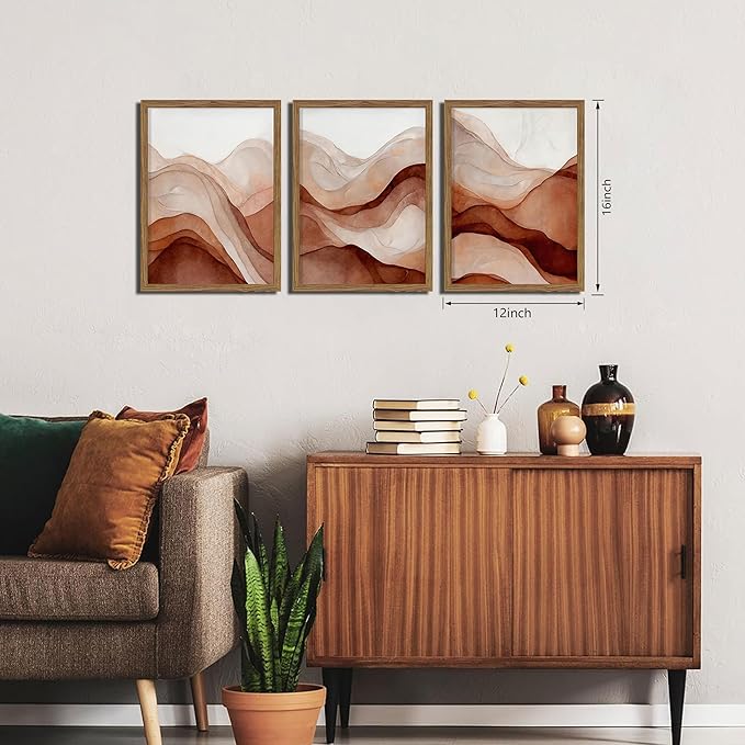 raiqtols Abstract Terracotta Watercolor Canvas Wall Art Set of 3 – Framed Boho Modern Wall Decor, Neutral Gallery Wall Art Prints with Wooden Frame for Living Room Bedroom Home Decor – 12x16in