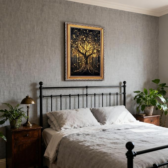 Balsuka Golden Tree of Life Wall Art Dark Academia Decor Poster Mystical Nature Forest Landscape Canvas Print Moody Botanical Enchanted Tree Painting for Living Room Bedroom 24x36inch Vintage Framed